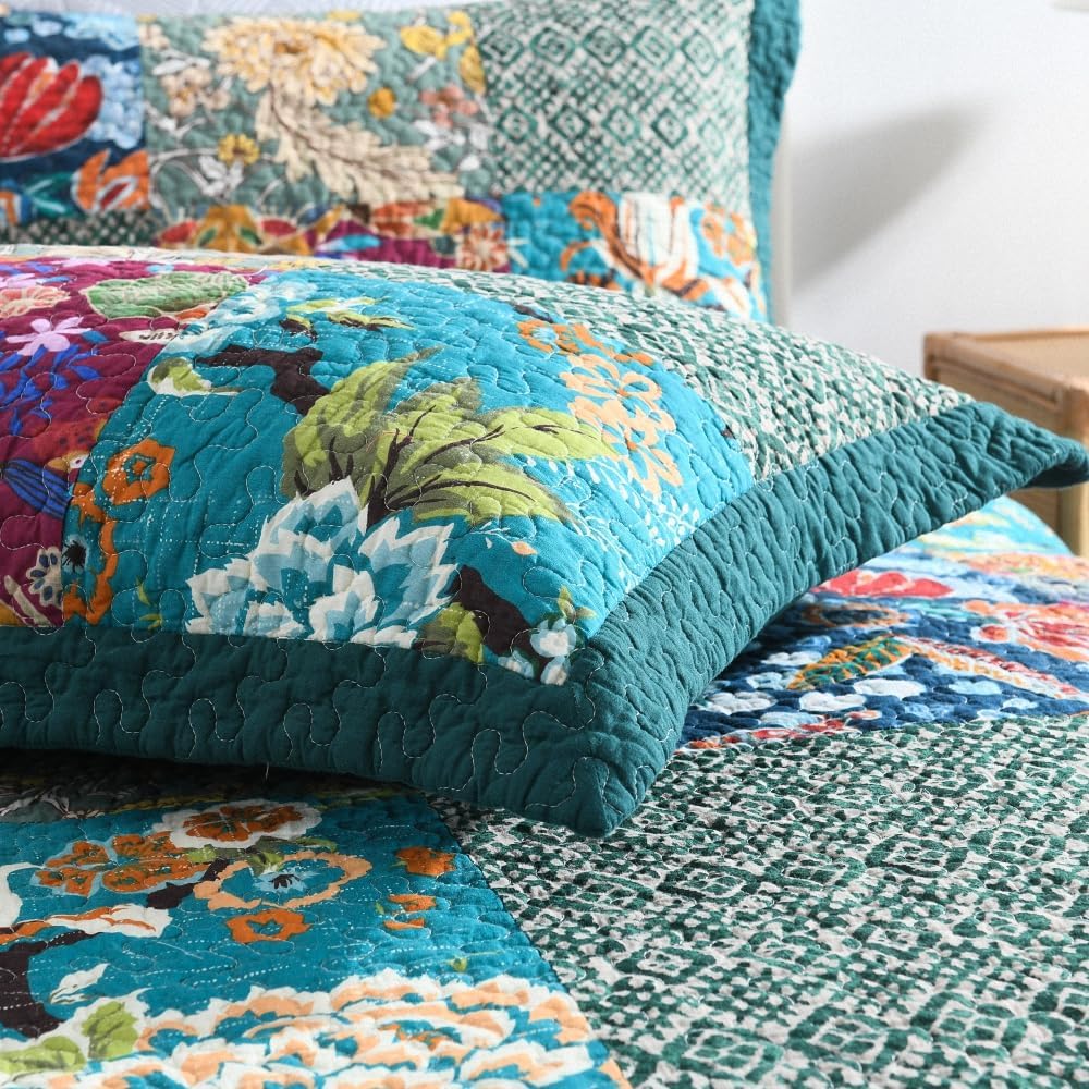 Autumn Dream Cotton Bedspread Quilt Sets Reversible Bedding Coverlet Sets Comforter, Vintage Floral Patchwork Turquoise Bedspread, King Size