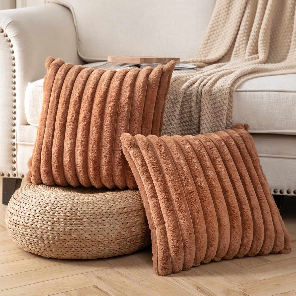 DEELAND Pack of 2,Double-Sided Faux Fur Plush Decorative Throw Pillow Covers Fuzzy Striped Soft Pillowcase Cushion Covers for Sofa Couch Bedroom Brown 26x26 inch