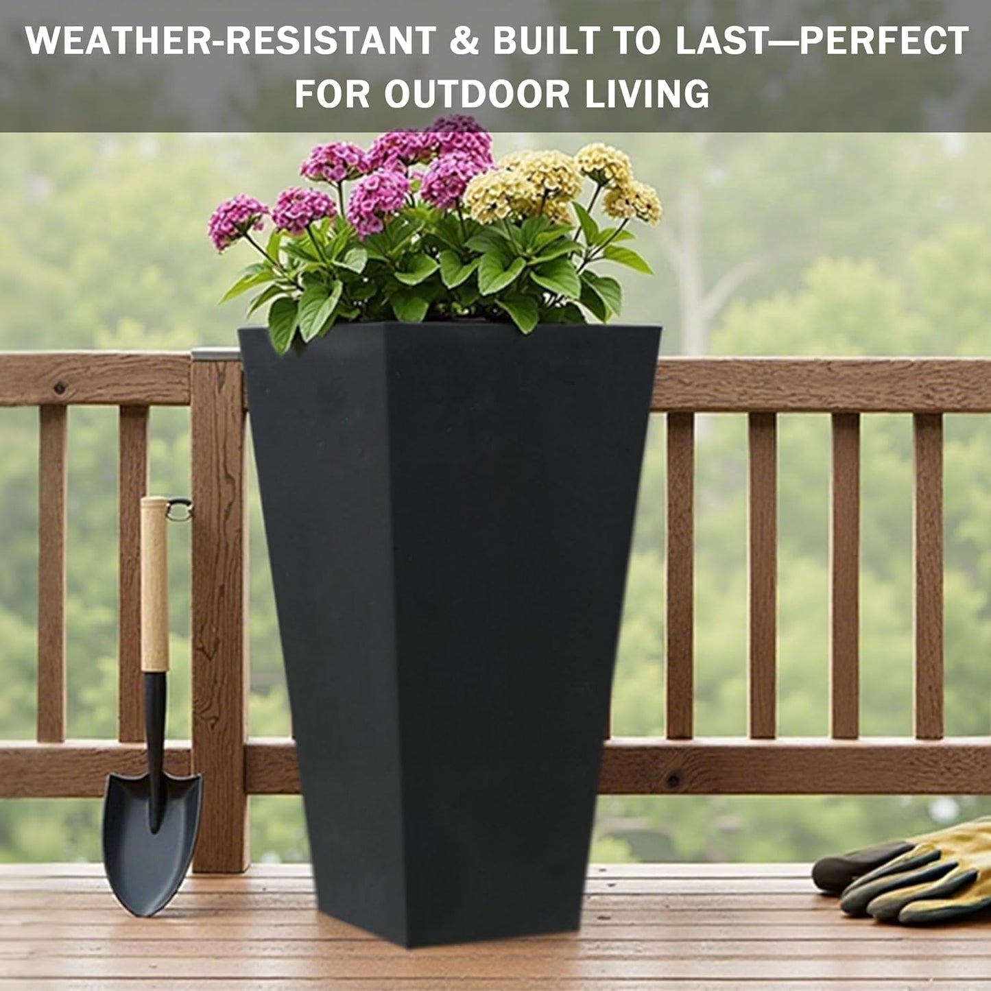 GreenShip 27" Tall Planters, Set of 2 – Black Outdoor Planter for Front Porch & Tall Plants, Weather-Resistant, with Drainage Hole & Rubber Plug (No Plants Included) (Black-2pcs)