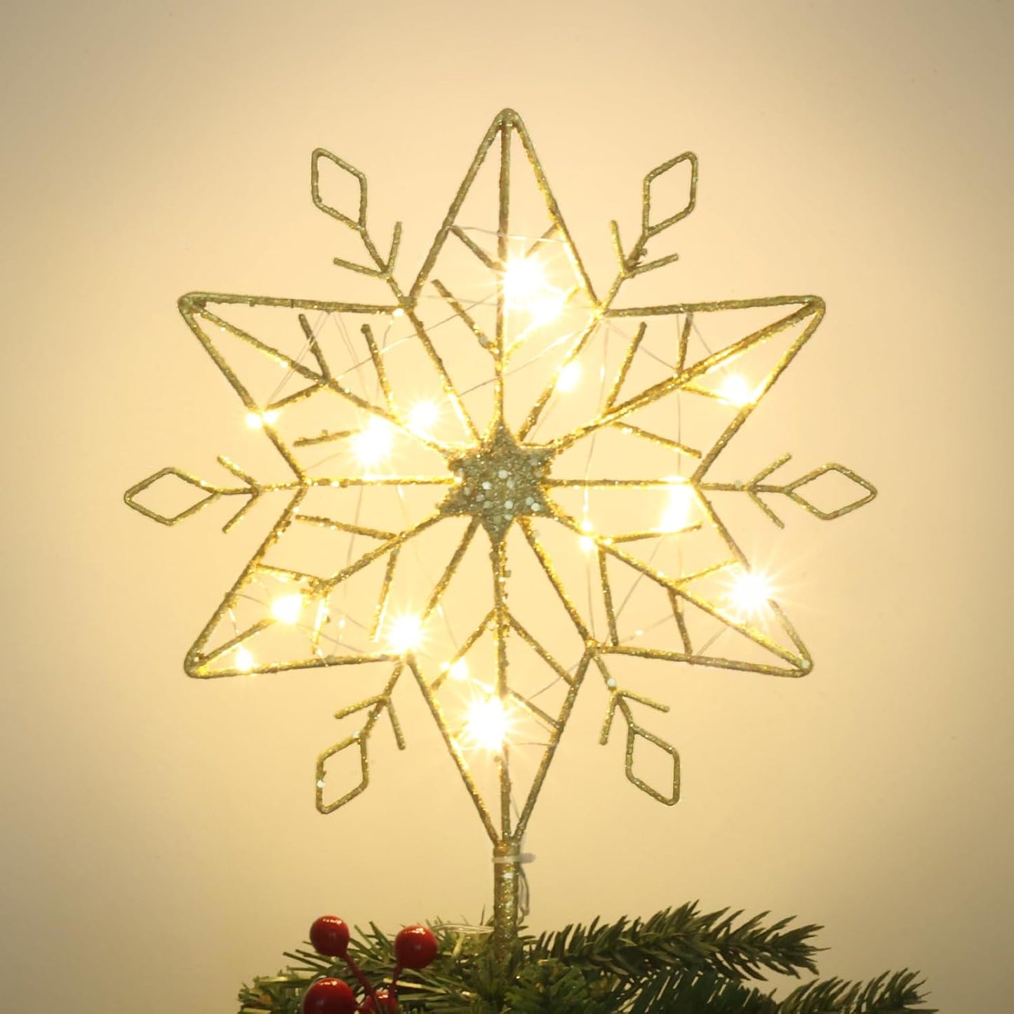 hogardeck Christmas Tree Topper, 10 Inches Lighted Gold Snow Tree Topper, 20 LED Lights Gold Glitter Powder Snowflake Tree Toppers Christmas Decorations, Battery Powered Timer Xmas Treetop Star Decor