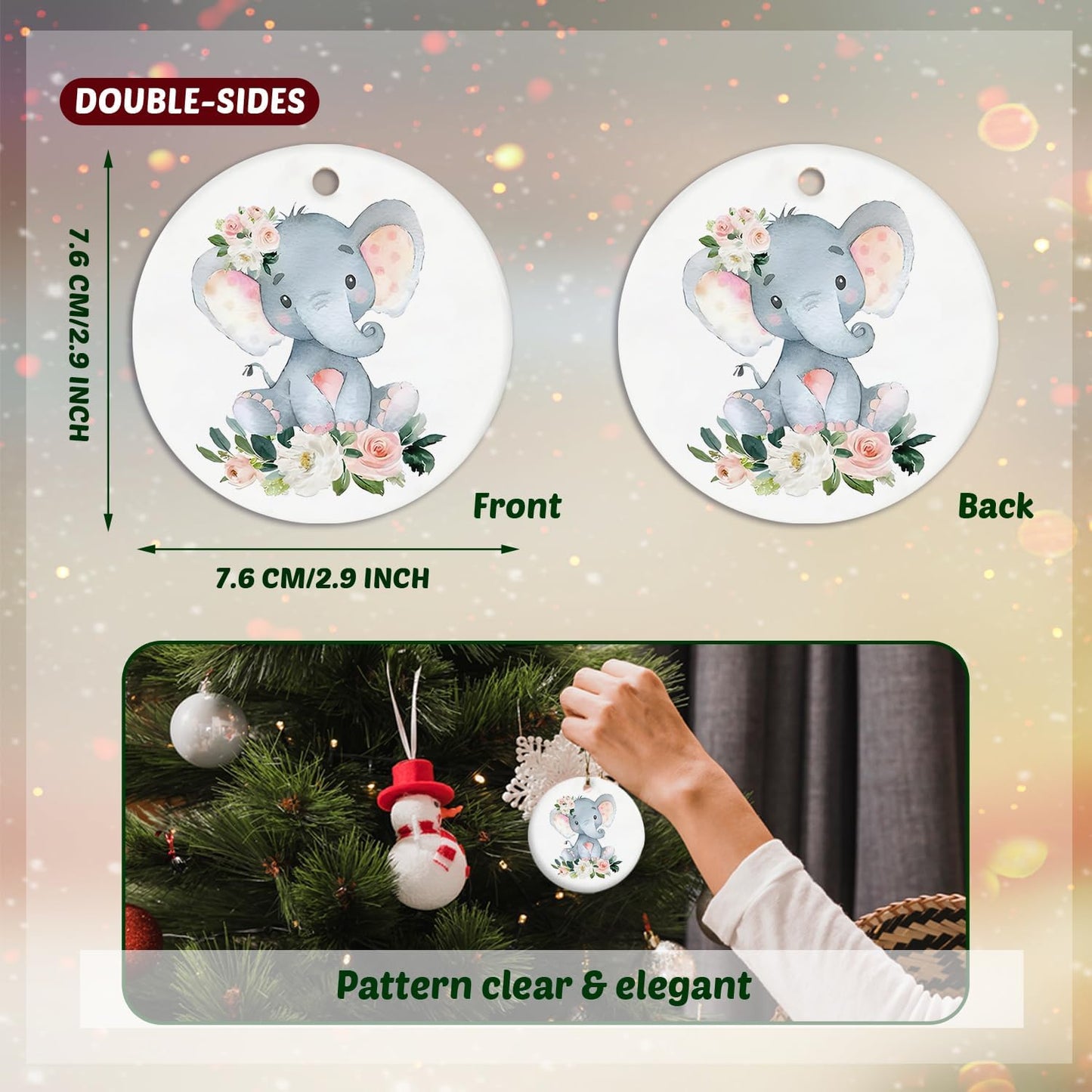 Elephant Ornament, Elephant Ornaments for Christmas Tree, Elephant Gifts for Women, Elephant Floral Ceramic Christmas Ornaments, Elephant Decorative Hanging Ornament