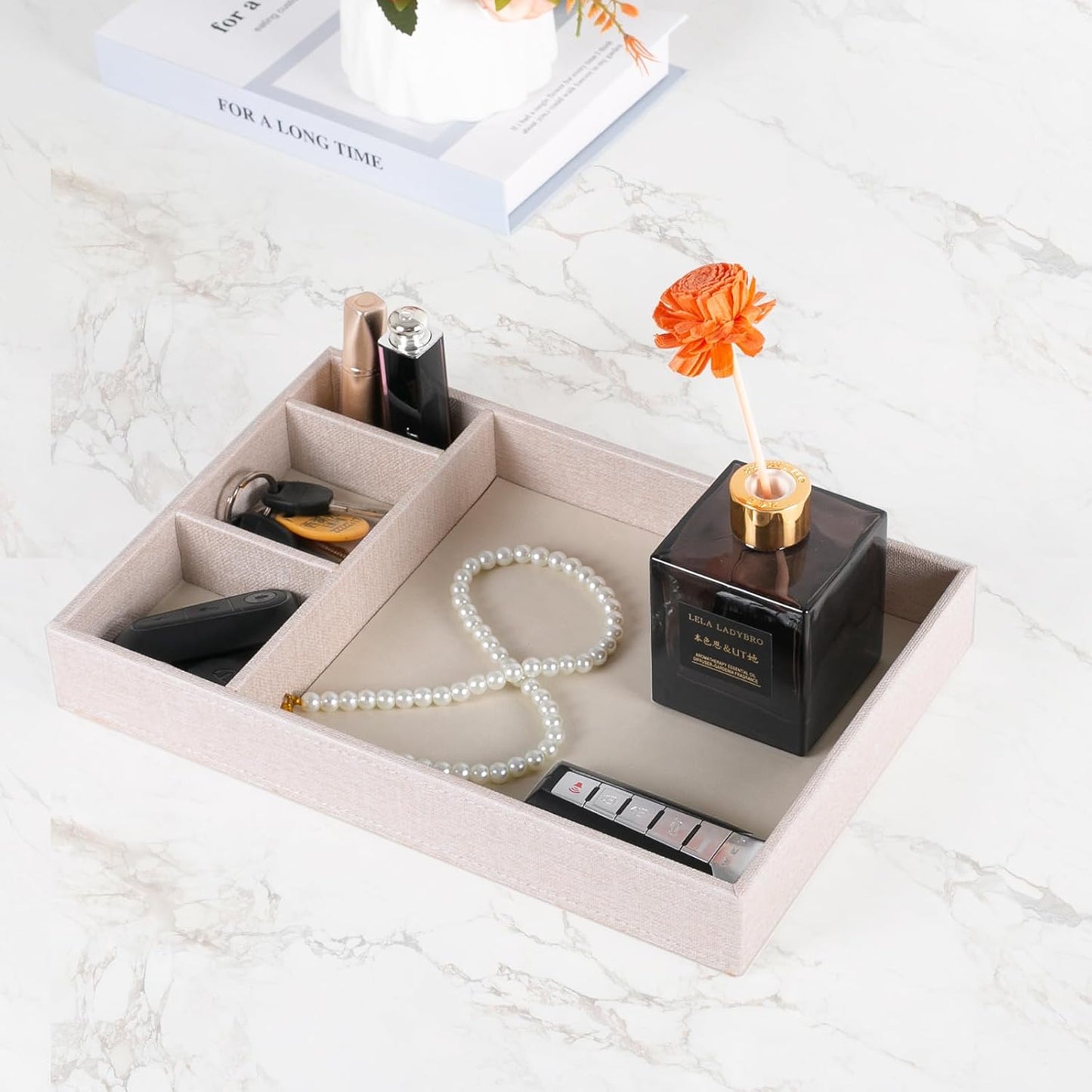 Desktop Storage Organizer, Nightstand or Dresser Organizer, Valet Tray, Entry Table Organizer, 4 Compartments,PU Leather Drawer Storage Organizer Decorative Trays. (Pearl White—2)