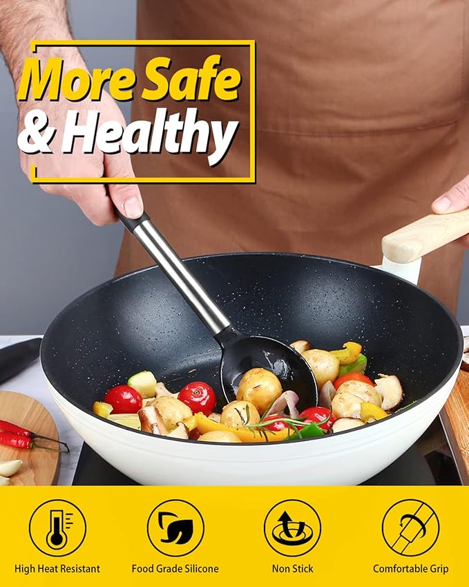 Pack of 2 Large Silicone Cooking Spoons,Non Stick Solid Basting Spoon,Heat-Resistant Kitchen Utensils for Mixing,Serving,Draining,Stirring (BLACK)