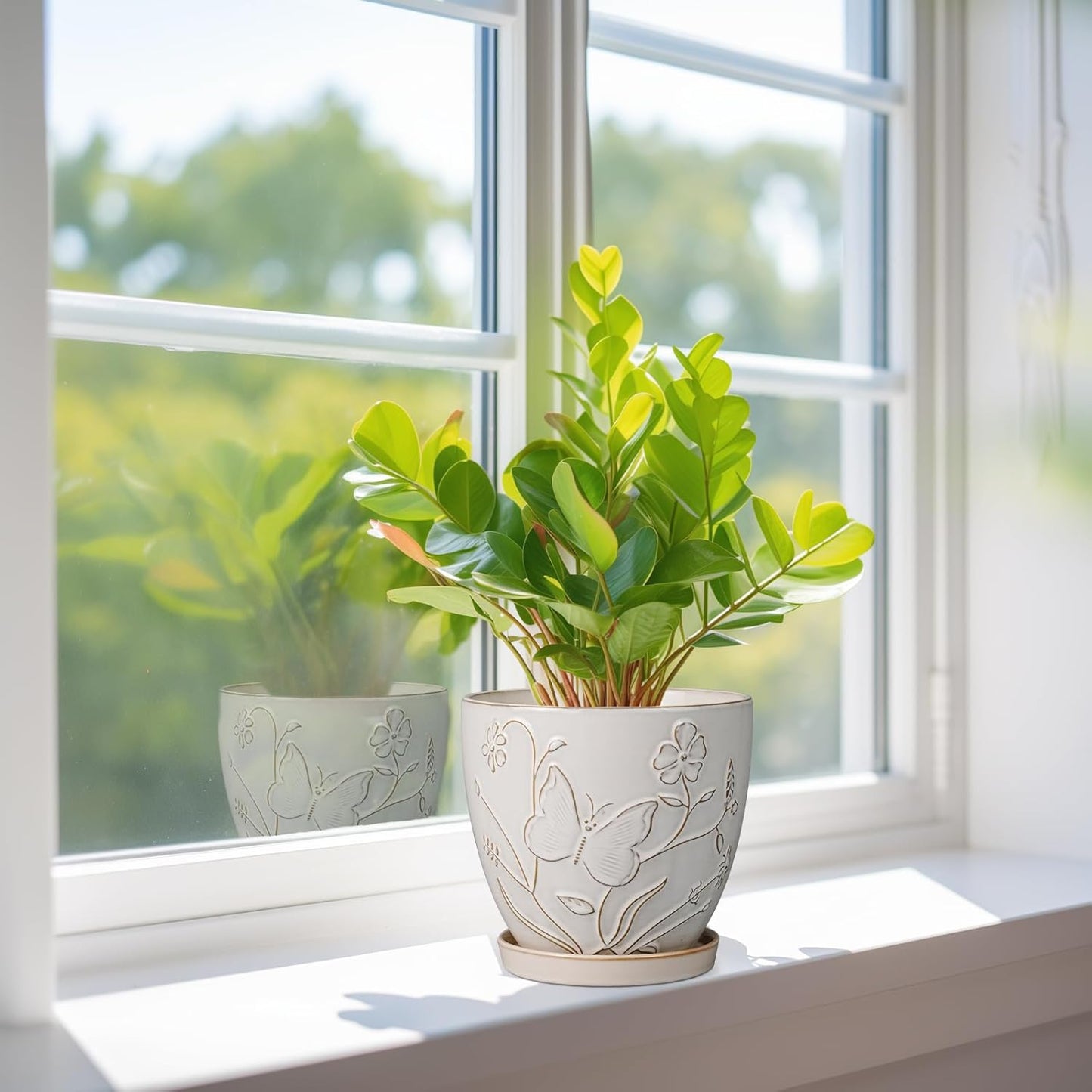 6 Inch Ceramic Plant Pot for Indoor Plants Outdoor Round Planter Flower Pot with Drainage Hole and Saucer for Home Garden Office Decor White