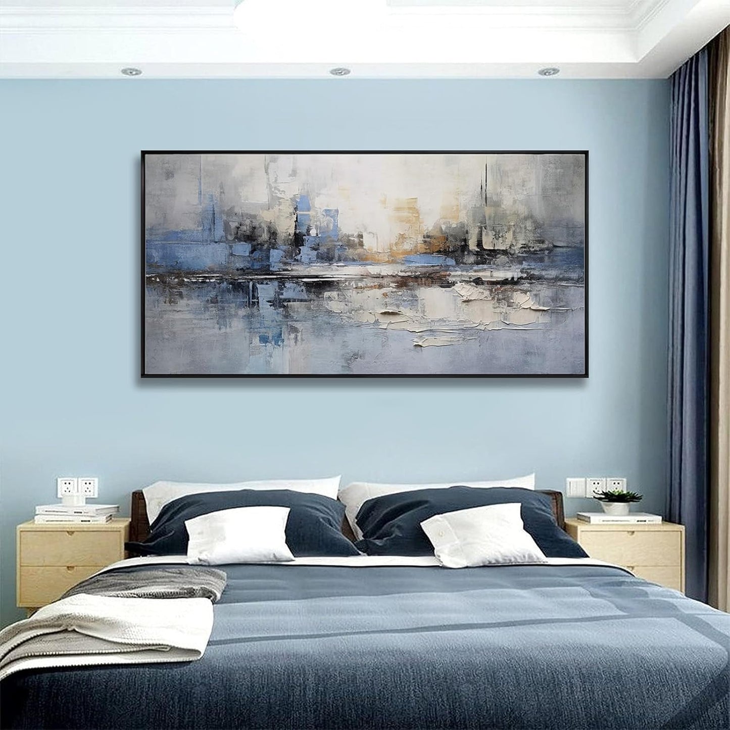 Abstract Wall Art Blue and White Reflection Large Size Framed Artwork Wall Decor Canvas Painting Stretched Canvas Wooden for Living Room Bedroom Office Home Decor Frame ready for hanging 30"x60"
