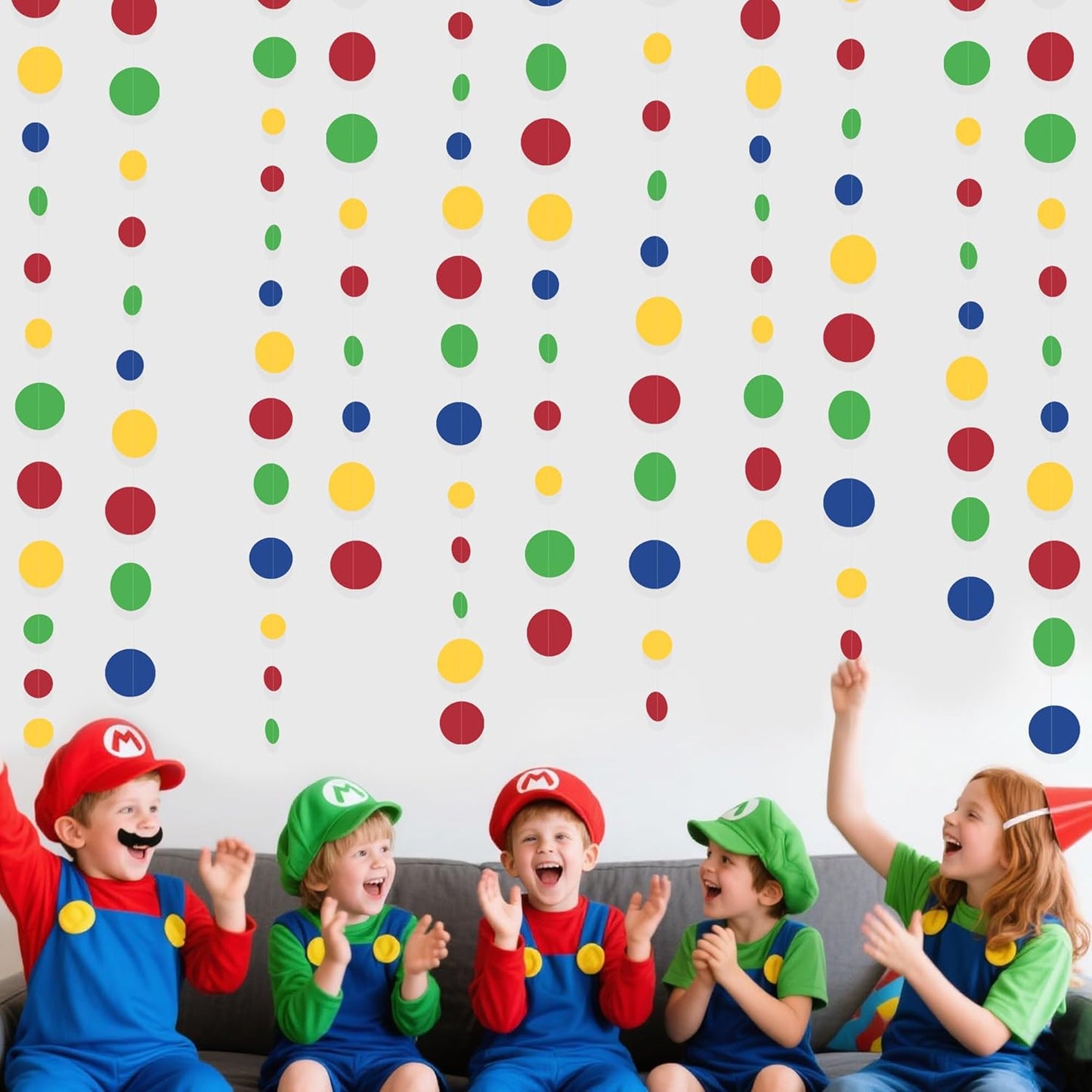 Super Mario Party Decorations Circle Dot Garland Red Blue Yellow Green Hanging Paper Polka Dot Streamer for Birthday Baby Shower Wedding Bridal Shower Carnival Circus Clown Fiesta Party Supplies