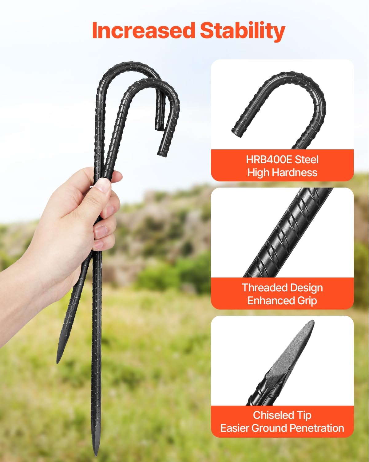 VEVOR Rebar Stakes, 12-Inch, Heavy-Duty 0.4 in Diameter J Hook, Galvanized Steel Ground Anchors with Chisel Point End & Rust-Resistant Coating, for Gardening Support, Fence, Camping Tents (16-Pack)