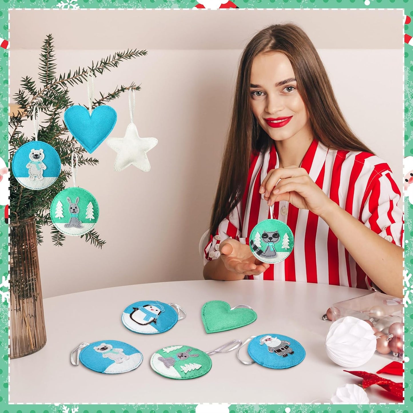 12 Pcs Christmas Felt Ornaments for Tree Santa Claus Snowman Gingerbread 3D White Mint Turquoise Color for Hanging Decoration Felt Craft for Christmas Party Favors Gifts