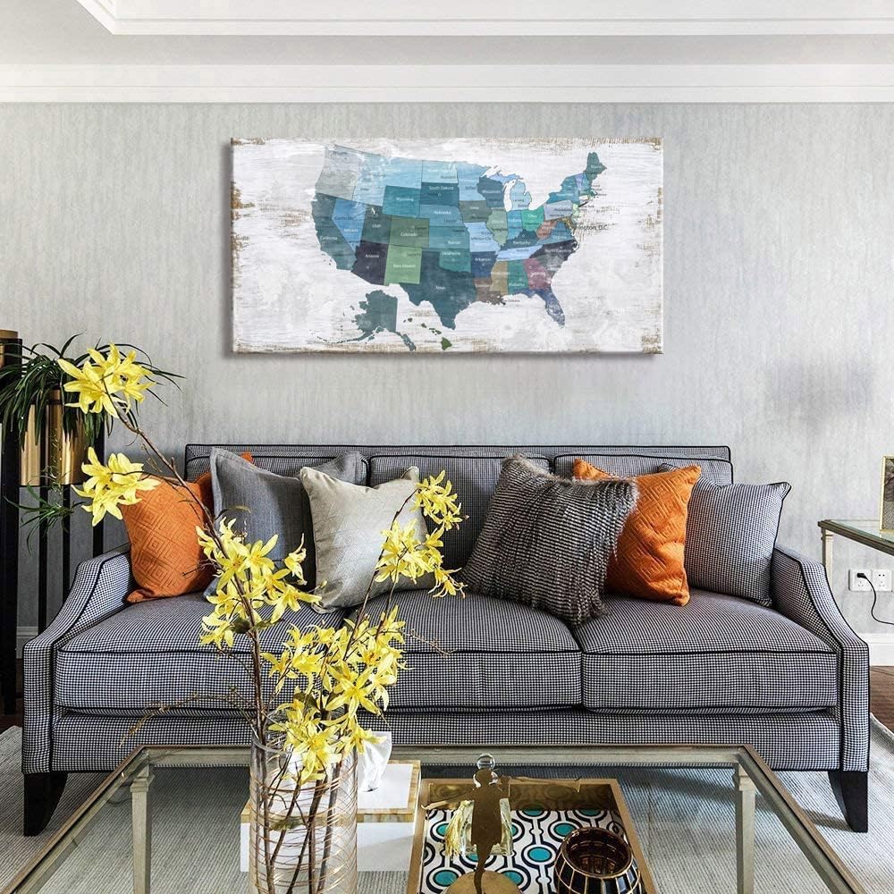 Map of The United States Wall Decor Map Canvas Wall Art for Wall Decoration Wood Background USA Canvas Prints for Bedroom Office Kitchen Home Wall Decor Framed Artwork Ready to Hang30 x60