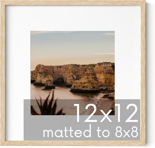 Haus and Hues Solid Oak 12”x12” Picture Frame Matted to 8”x8” - 12x12 Wood Frame, 12x12 Frame with Mat, 12x12 Frame Wood, 12 by 12 Square Frame with Mat, Modern 12 x 12 Picture Frame (Beige Oak Frame)