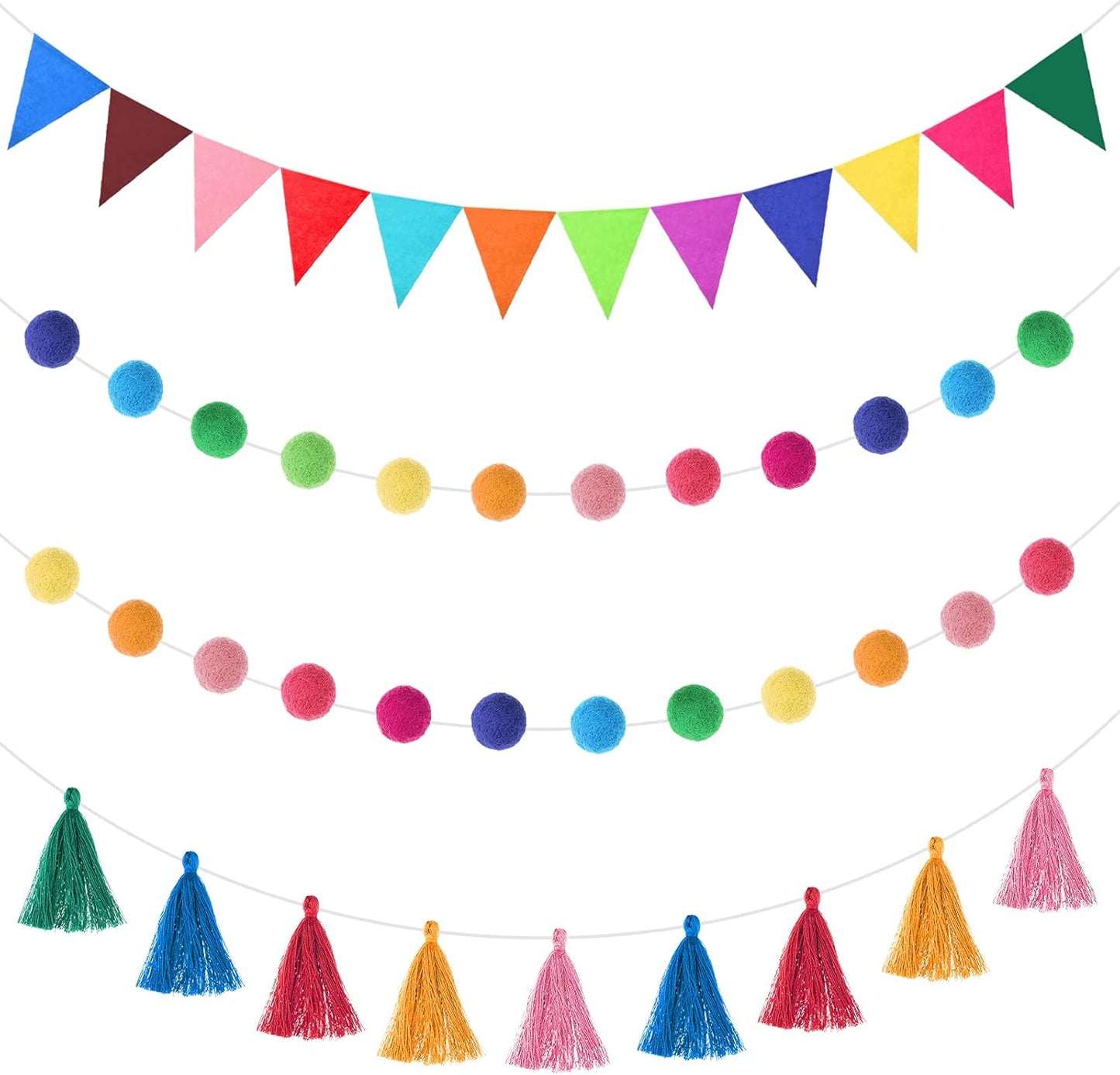 Irenare 9.8 ft Pom Pom Garland Felt Colorful Tassel Banner Christmas Party Pompoms Garland Decorations Felt Pennant Banner for Classroom Home Mantel Fireplace Birthday(Multicolor)