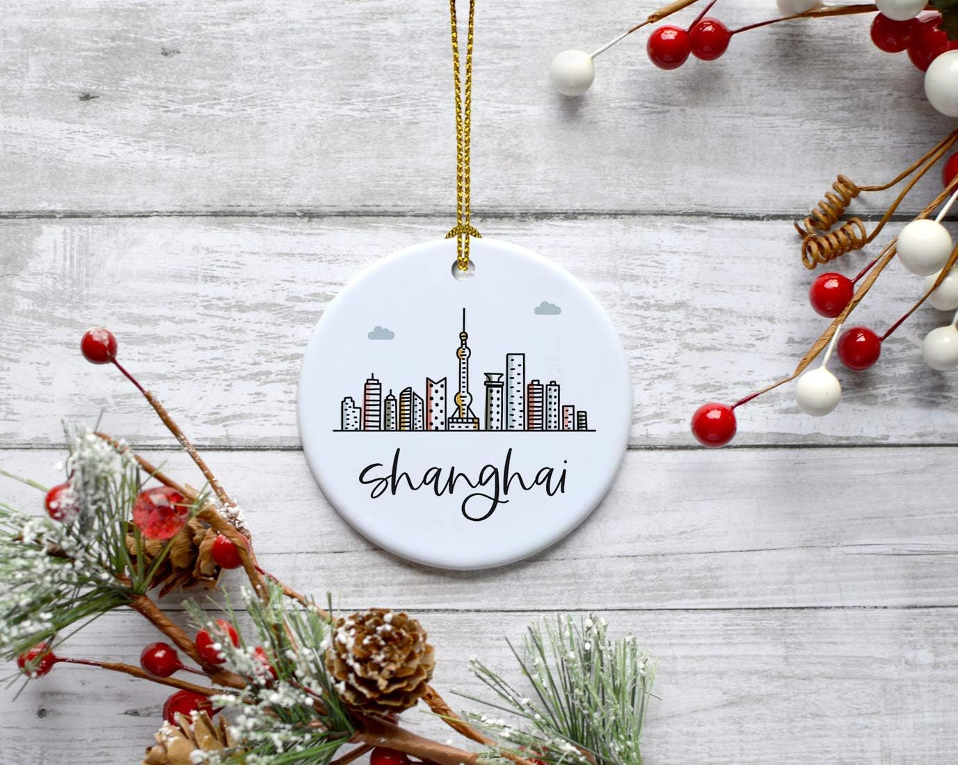 Andaz Press Round Ceramic Porcelain Christmas Tree Ornament Keepsake Gift, Shanghai, Colorful International City Skyline Graphic, 1-Pack, Birthday Ideas Family Coworker Him Her, Gift Box