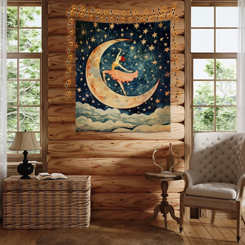 Dancer on the Moon Tapestry Starry Night Sky Art Print Dark Academia Gothic Aesthetic Wall Hanging Stars Moon Clouds Tapestries Whimsical Wall Decor for Nursery Bedroom 50x60inch