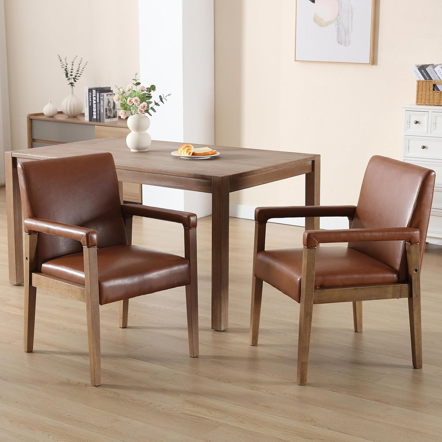 Kmax Modern Dining Chairs Set of 6 Faux Leather Kitchen Arm Chairs Upholstered Accent Chairs with Wooden Legs for Dining Room, Living Room, Bedroom, Brown