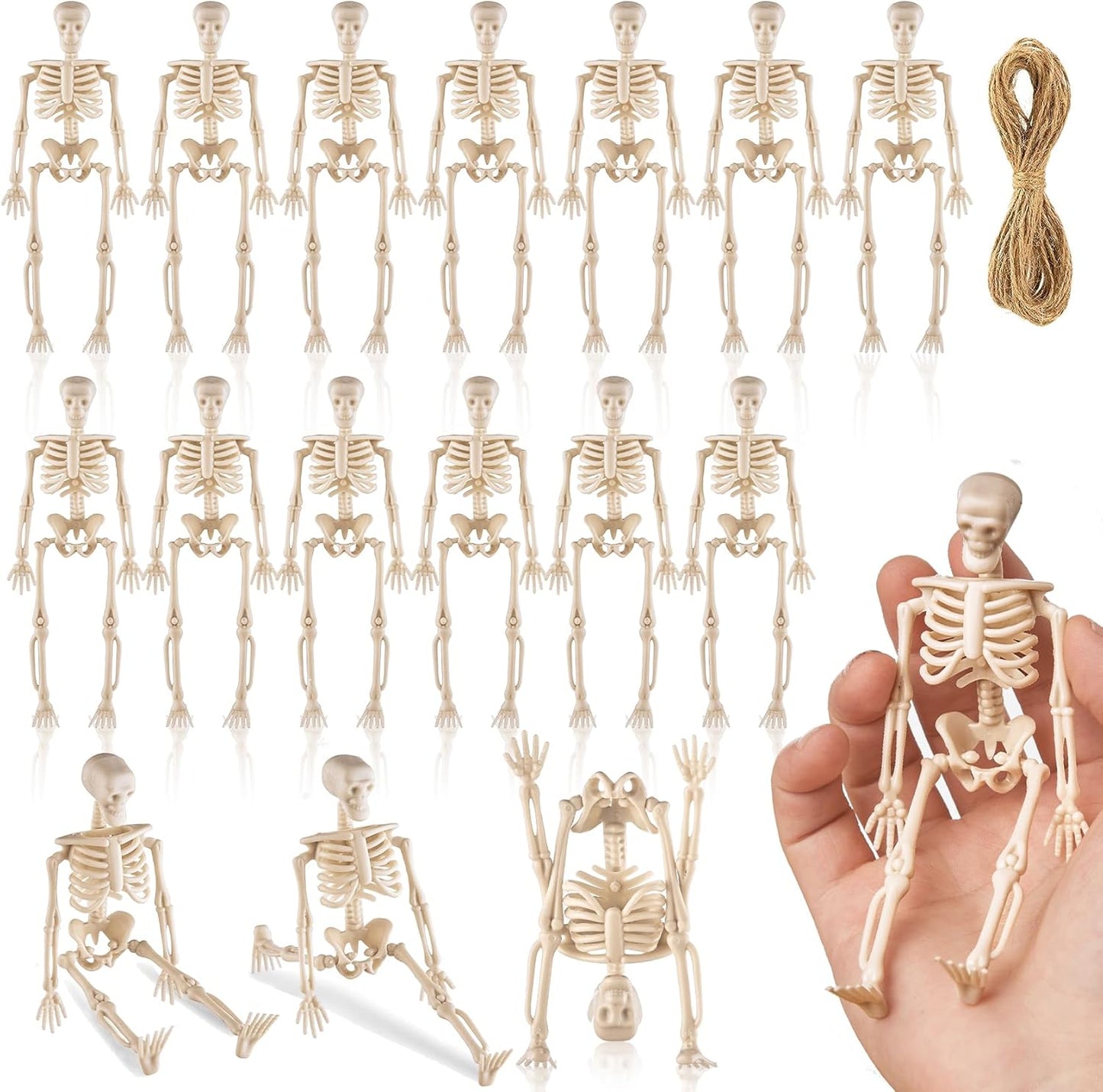 16 Pcs Halloween Mini Skeleton Figurine Decoration,6”Halloween posable Skeleton Decor,Small Plastic Skeleton Figure for Spooky Home Decor Haunted House Decorations Party Favors