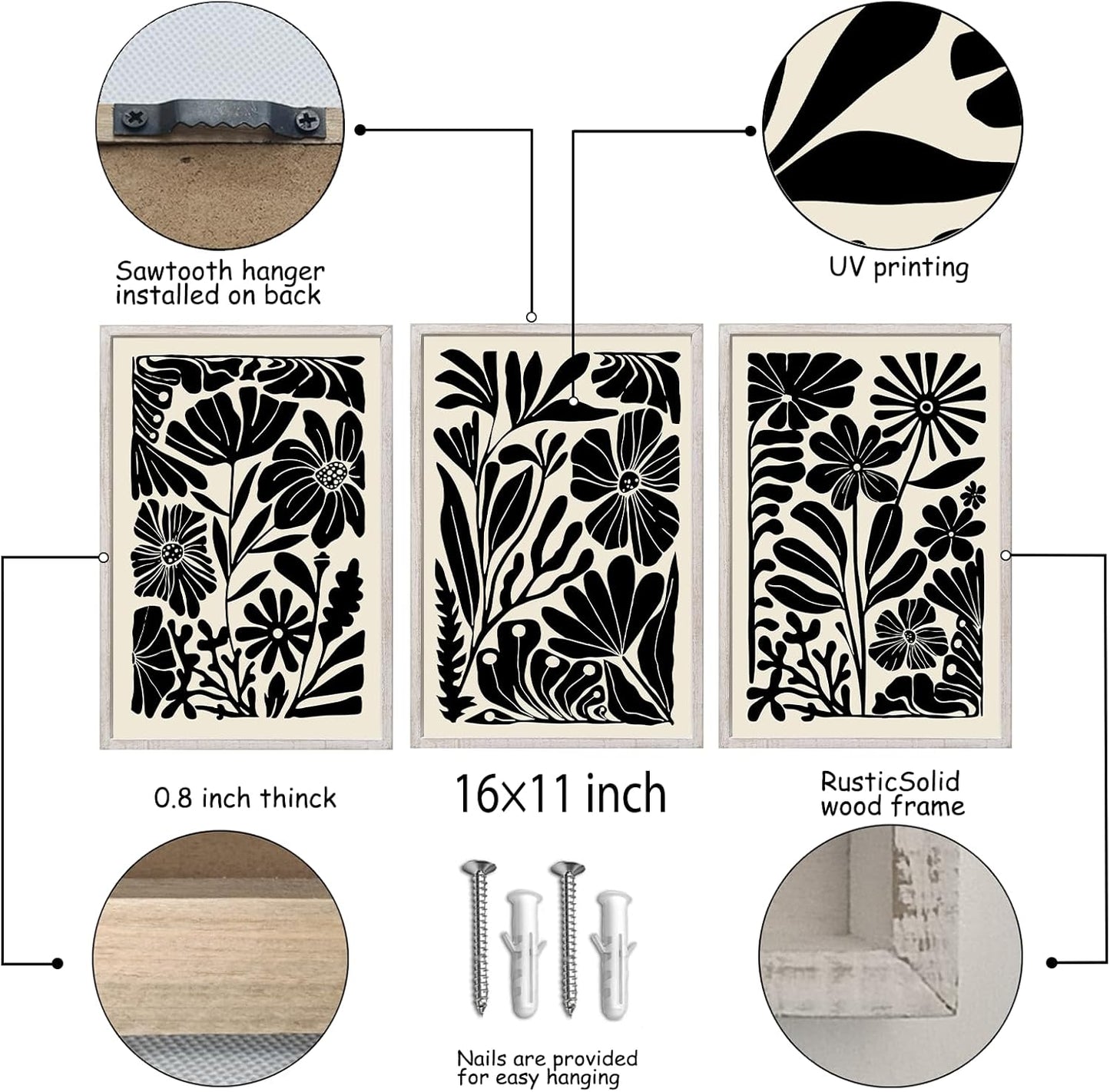 Abstract Floral Botanical Wall Art 16x11 Inch 3 Piece Black Vintage Boho Plant Flower Minimalist Wood Frame Sign Home Living Room Family Office Mid Century Print Wall Hanging Decor (White)