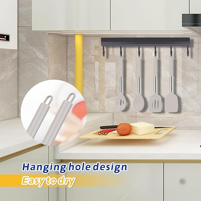 5-Piece Silicone Kitchen Tool Set, BPA-Free, Heat-Resistant, Non-Stick & Dishwasher-Safe, with Slotted/Solid Spoons & Spatulas for Frying, Mixing, Draining – Includes Multi-Purpose Serving Hook(Khaki)