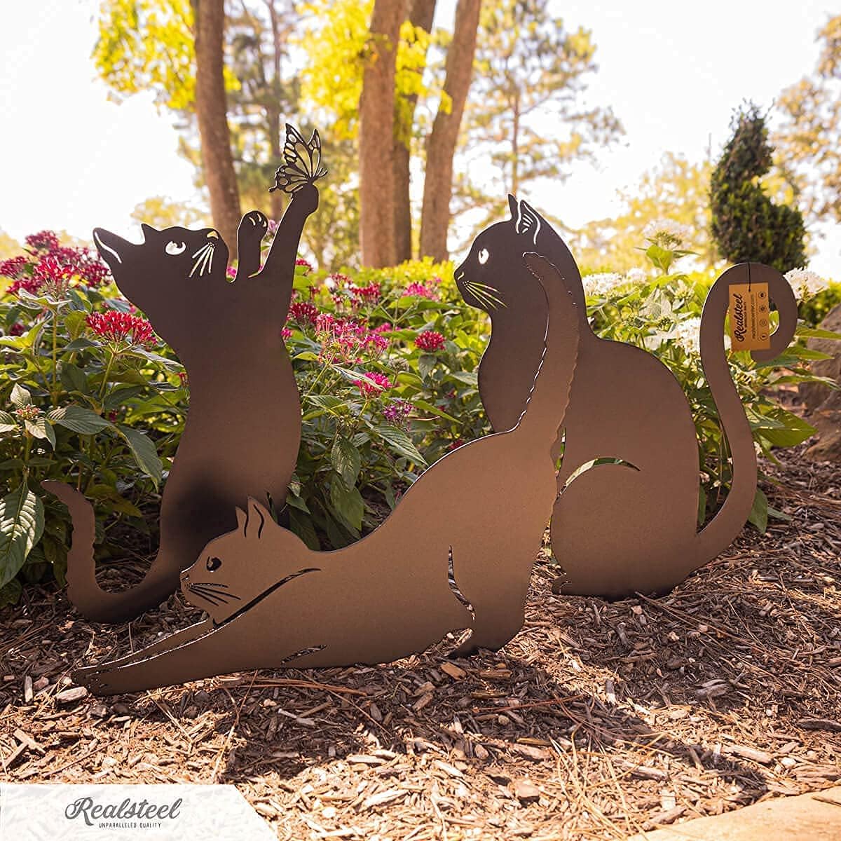 RealSteel I 3 Pack Steel Cat Garden Decor I Outdoor Yard Decorations I Gift for Cat Lovers I Lawn Ornaments and Statues I Garden Signs Decorative Outdoor - Penny Vein