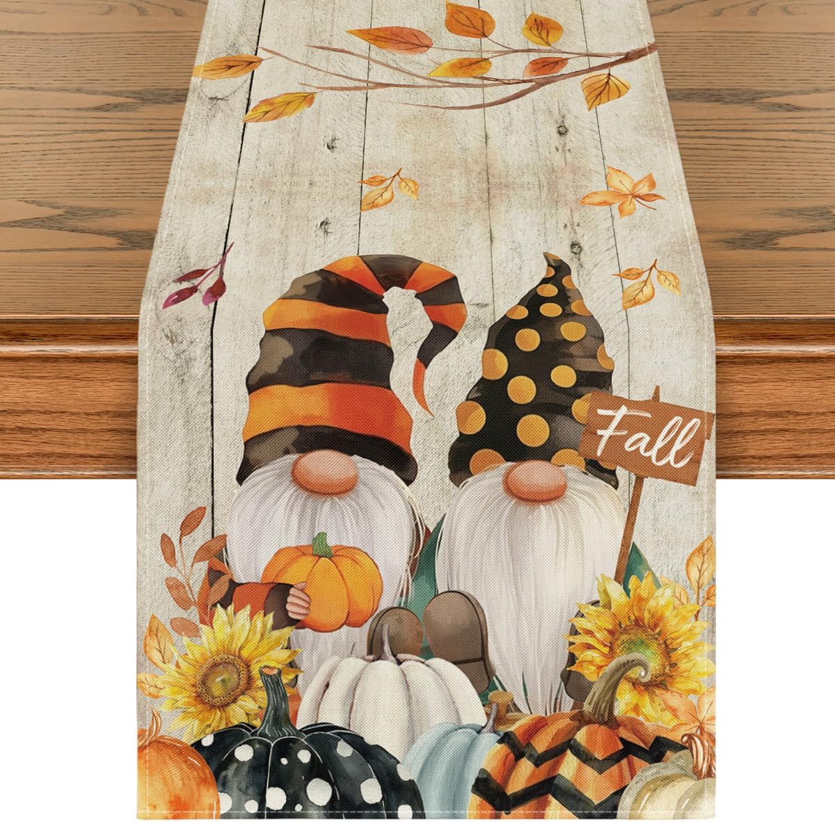 Artoid Mode Wood Gnomes Pumpkins Sunflower Maple Leaves Fall Table Runner, Kitchen Dining Table Decoration for Home Party Decor 13 x 108 Inch