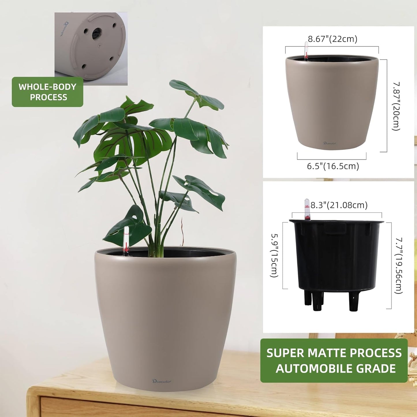 Dexceder 9x8 Inches Self Watering Planter Indoor Outdoor, Inner Pot Design, Thickened Table Flower Plant Pot with Water Level Indicator (Taupe Matte)