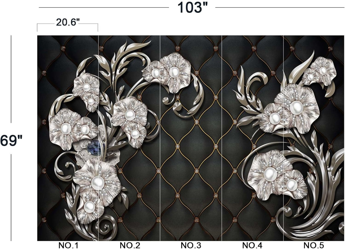 Black Hard Wrapped Pearl Embossed Flowers Wall Mural Wallpaper for Bedroom 103" x 69"