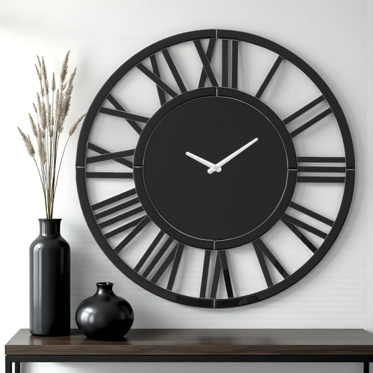 39.3" Oversize Wall Clock - Modern Black Glass Large Wall Clock with Roman Numerals, Decorative Wall Clocks for Living Room, Bedroom, Office - Easy to Hang, Silent Non-Ticking