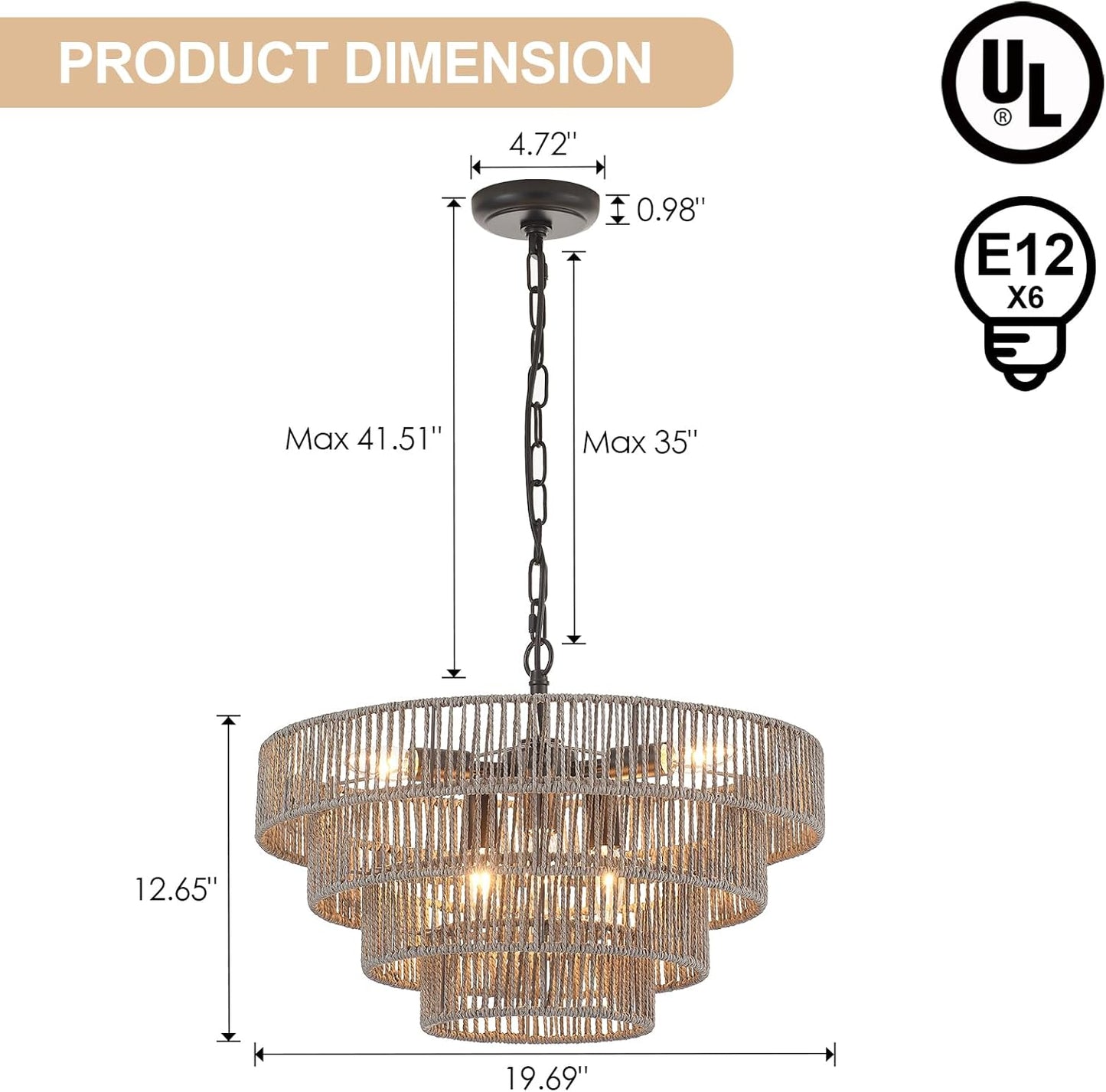 20” Hand-Woven Rattan Chandelier 6-Lights Transitional Minimalist 4 Round Boho Large Coastal Pendant Light for Kitchen Island Dining Room Living Room Hallway, Gray, UL Listed