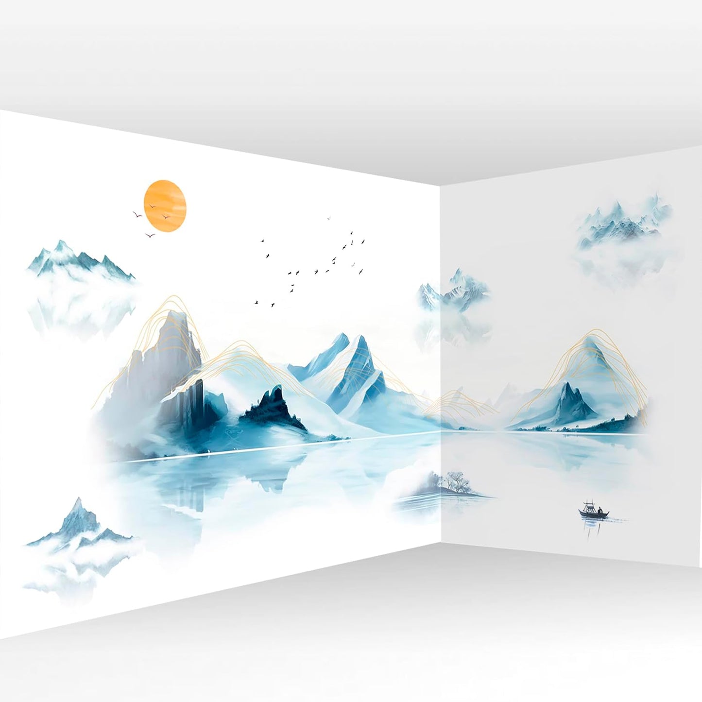 artgeist Wall Mural Mountains 216x98 in - XXL Non-Woven Corner Wallpaper Fleece Angle Wall Decor Photo Print Picture Mountains Lake Birds Landscape c-C-10113-a-a