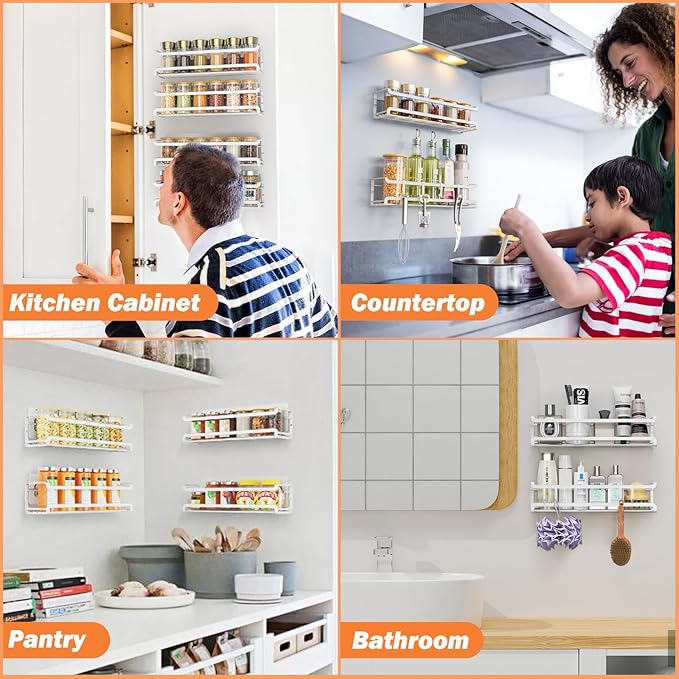 Spice Rack wall mounted 2 Pack, Space-Saving Spice Organizer for Spice Jars and Seasonings,Screw or Adhesive Hanging Spice Rack Organizer for Your Kitchen Cabinet,or Pantry Door,White