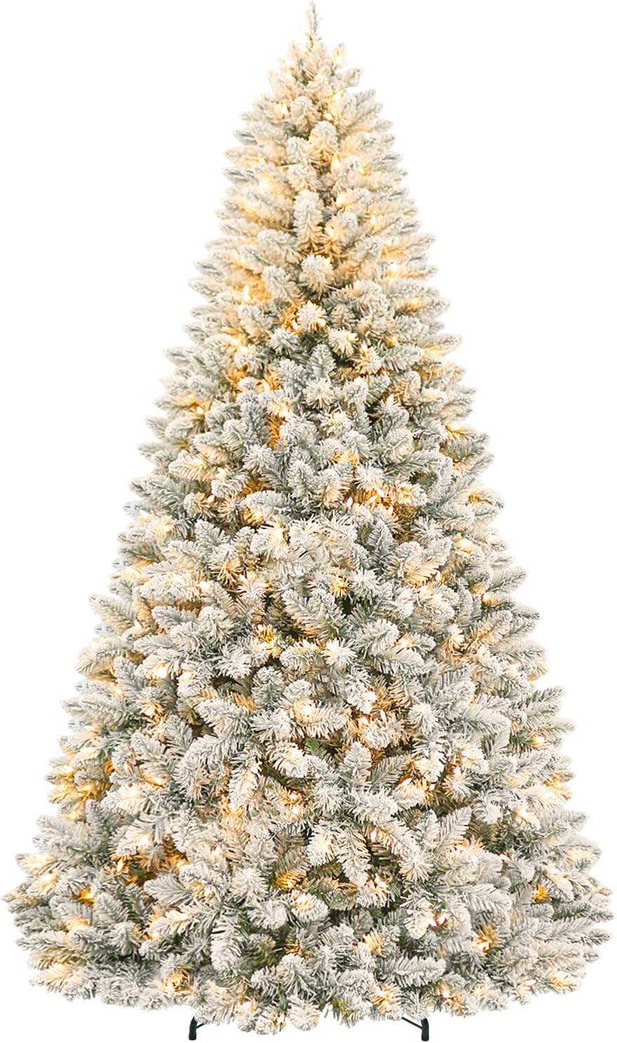 Hykolity 6 ft Prelit Snow Flocked Christmas Tree, Artificial Christmas Tree with 250 Warm White Lights, 1032 Tips, Metal Stand and Hinged Branches