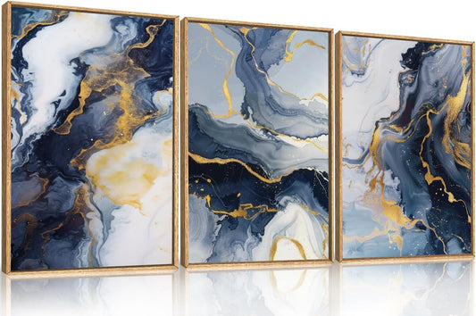 Celestdeco Blue Abstract Framed Canvas Wall Art Set, Blue Golden Aesthetic Wall Decor, Navy Blue Gold Wall Painting, Neutral Modern Art Print for Living Room, Bedroom, Dining Room, Office 24"x36"x3