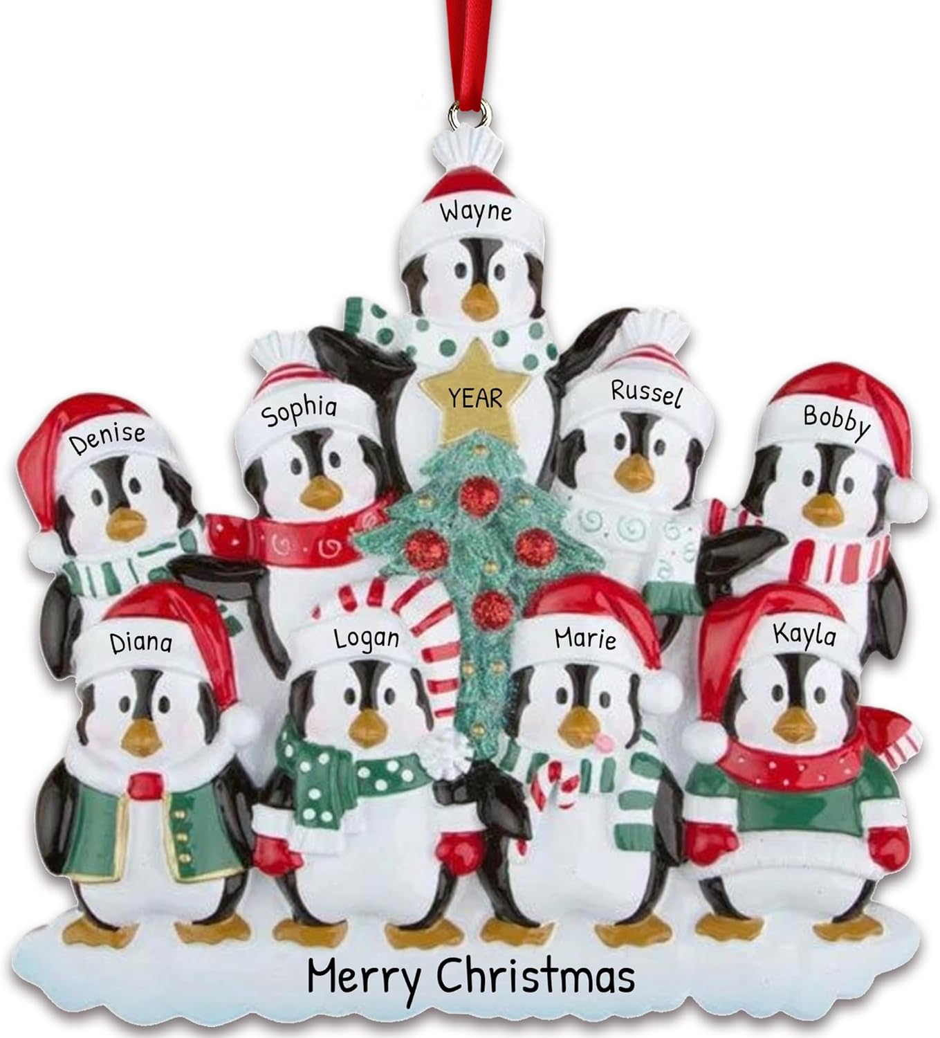 3D Penguin Family of 9 Ornament 2025 Personalized Family Christmas Ornaments 2025 | Snowy Xmas Tree Holiday Penguins Personalized Tree Ornaments for Grandchildren Siblings & Grandkids of Nine Ornament