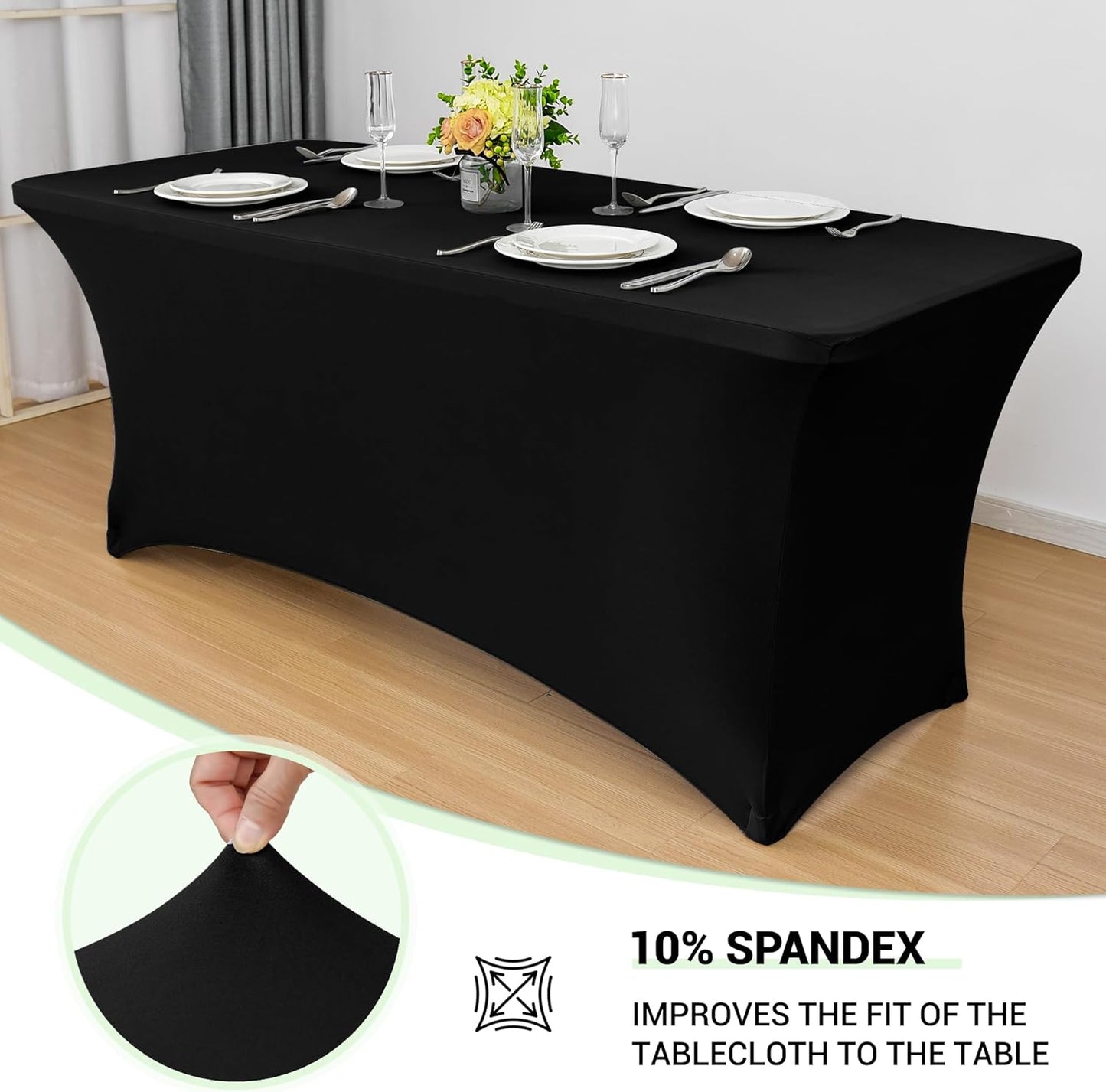 Obstal Spandex Table Cover 8ft Fitted Tablecloth Rectangular - Black Rectangle Folding Table Cloth for Birthday Party Wedding Banquet, 96L x 30W Inch