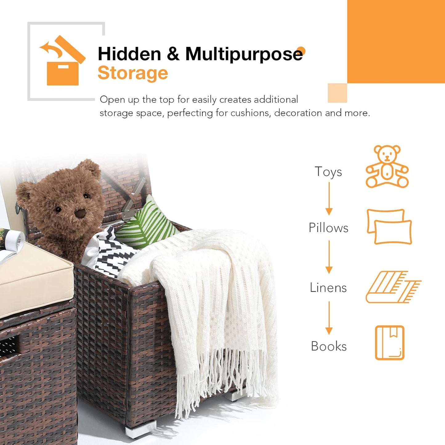 Patiorama 2 Piece Outdoor Patio Ottomans, All-Weather Brown PE Rattan Wicker Ottoman with Storage, Outdoor Footrest Footstool Seat w/Thick Cushion, Built-in Handle for Backyard Poolside Porch (Beige)