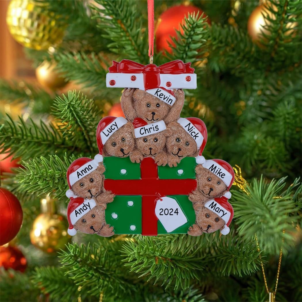 Personalized Bear Family Christmas Ornament 2024, Family of 8 Bear with Gift Box Ornaments for Christmas Tree, Personalized Bear Christmas Ornament, Unique Handmade Teddy Bear Christmas Ornament