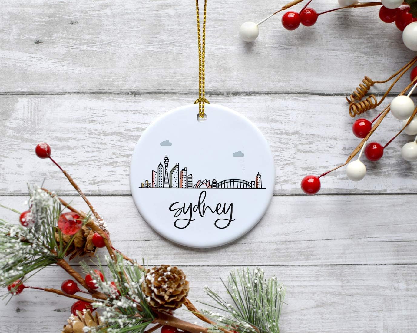 Andaz Press Round Ceramic Porcelain Christmas Tree Ornament Keepsake Gift, Sydney, Colorful International City Skyline Graphic, 1-Pack, Birthday Ideas Family Coworker Him Her, Gift Box