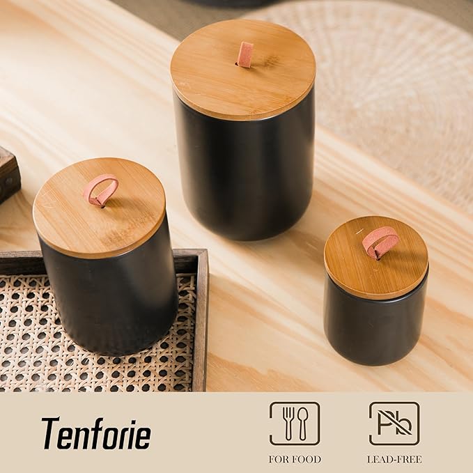 Black Canister Sets for Kitchen, 3pcs Ceramic Canisters with Airtight Wooden Lid, Food Storage Jar, Large Kitchen Storage Containers for Serving Coffee Beans, Tea, Sugar, Salt, Spices