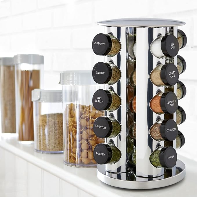 Kamenstein 20 Jar Revolving Countertop Spice Rack with Spices Included, FREE Spice Refills for 5 Years, Polished Stainless Steel with Black Caps, 30020 (Pack of 3)
