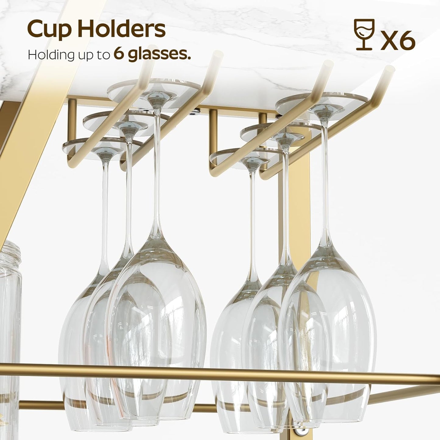 Bar Cart, Gold Bar Cart for The Home, Small Bar Cart on Wheels, Beverage Cart, Home Bar Serving Cart with Glass Holder, Drink Cart for Bar, Kitchen, Dining, Marble White and Gold BC03DW