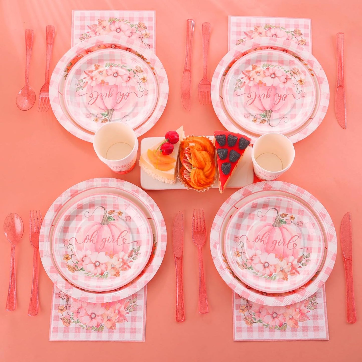 168 Pcs Pink Little Pumpkin Baby Shower Decorations Girl, A Little Pumpkin is on the Way Baby Shower Plates and Napkins Serves 24, Pink Gingham Fall Tableware for Autumn Sweet Girl