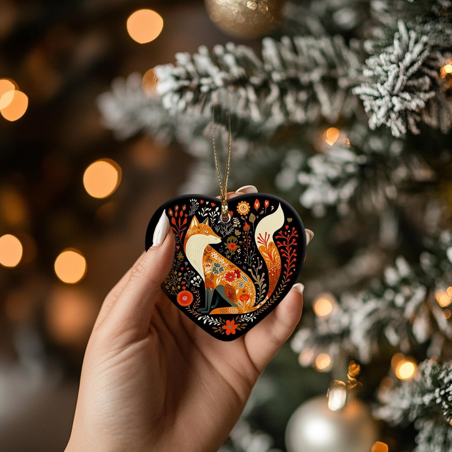Fox Christmas Ornament - Cottagecore Botanical Heart Ceramic Decoration for Tree - Gift for Women