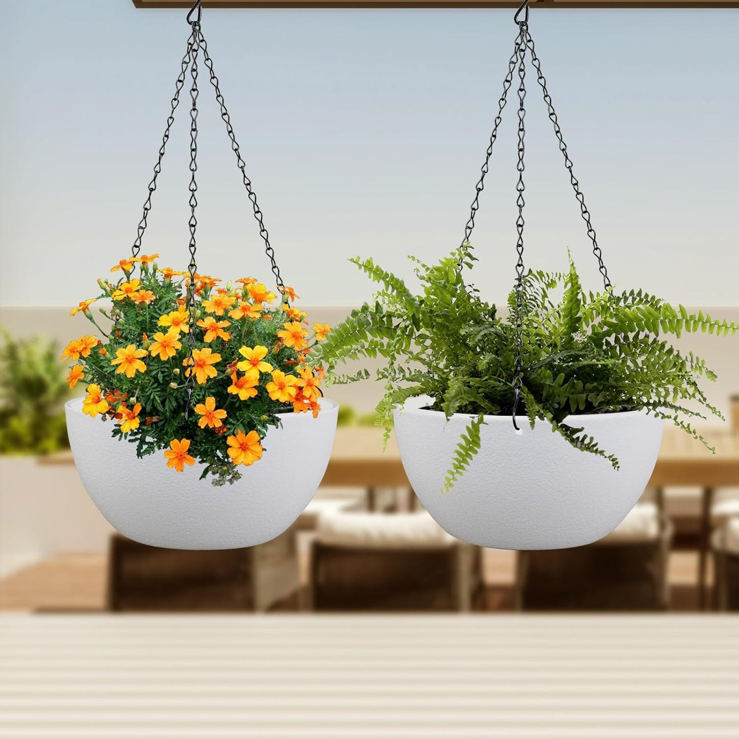 10 inch Hanging Planters for Indoor Outdoor Plants, 2 Pack Hanging Flower Pots with Drainage Holes and Chain for Garden Balcony Porch, Round Plastic Hanging Baskets for House Plants, White