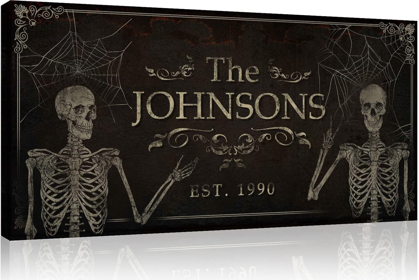 Tailored Canvases Gothic Family Wall Decor - Personalized Grunge Vintage Skeleton Room Decor for Home, Halloween Lovers, Men & Women for Bedroom, Living Room - Goth Spooky, Custom Couple Name, 20"x10"