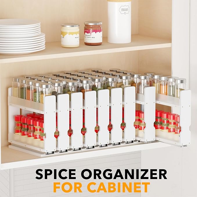 SpaceAid Bamboo Pull Out Spice Rack Organizer for Cabinet, Heavy Duty Slide Out Seasoning Kitchen Pantry Sliding Vertical Organization, 7.6" Wide, 3 Drawers(2" Wide), 2-Tier, White