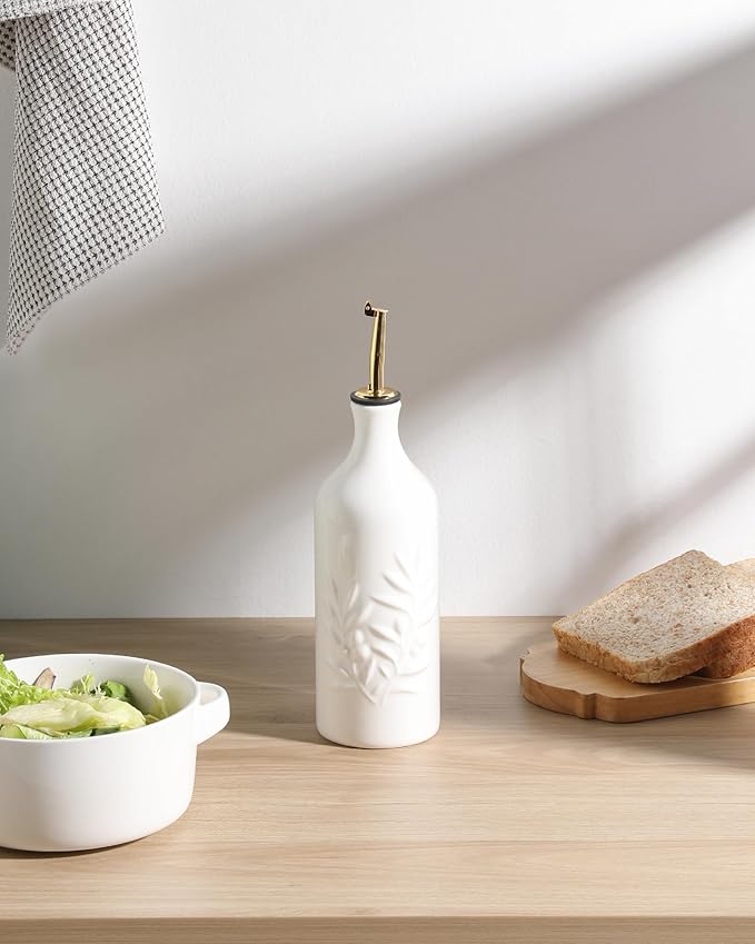 Sweejar Ceramic Olive Oil Dispenser Bottle 20 Oz Relief Opaque Oil Cruet Protects To Reduce Oxidation Suitable for Storage Vinegar, Soy Sauce, Coffee Syrup, Liquids, Set of 1 (White Gold Spout)