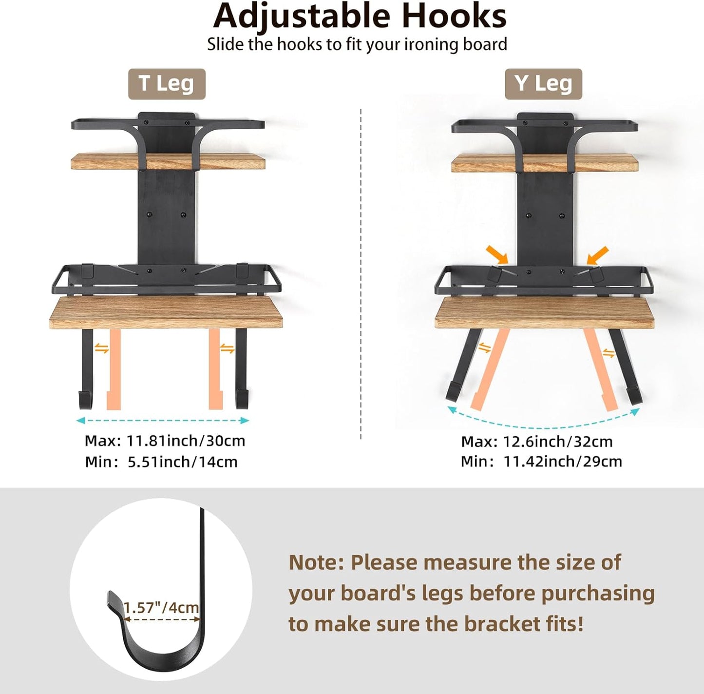 VINAEMO Ironing Board Hanger Wall Mount, 2-Layer Iron and Ironing Board Holder, Laundry Room Shelves Solid Wood with Removable Hooks Home Organization and Storage