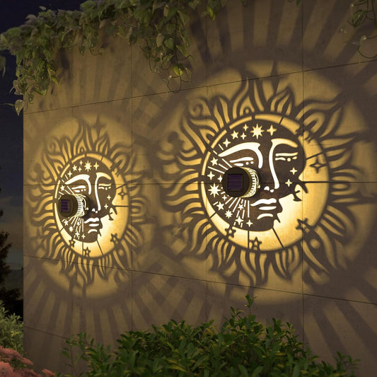 4 Pack Solar Fence Lights Metal Solar Powered Outdoor Wall Deck Step Lights Sun Moon Theme Waterproof Fence Light for Garden Post Patio Backyard Yard Decor, Gardening Gifts for Women Mom Grandma