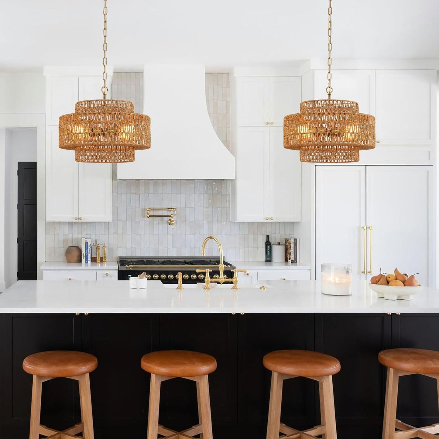 Hand-Woven Rattan Chandelier Vintage 4-Light 17.7" Farmhouse Boho Bamboo Chandelier Light Fixture Retro 3-Tier Drum Wicker Rattan Golden Chandeliers for Dining Room, Kitchen Island, Bedroom