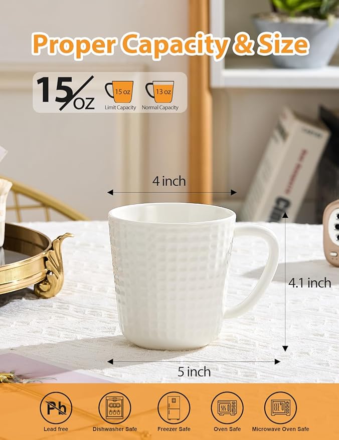 Ceramic Coffee Mugs 15 oz, Large Waffle Embossed Mug Set, Coffee Cups for Latte, Cappuccino, Cocoa, Hot Tea, Mocha, Milk, Housewarming Wedding Present, Microwave & Dishwasher Safe - Set of 6 (White)