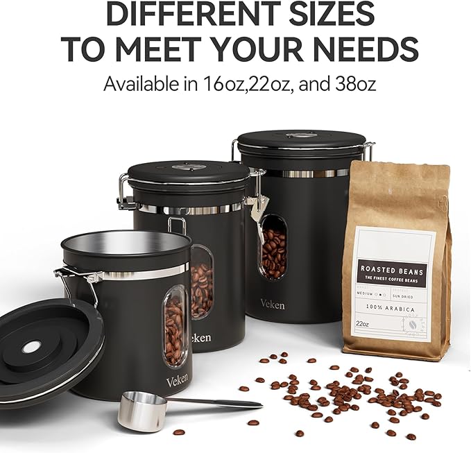 Coffee Canister Set 16 + 22 + 38 oz with Window, Airtight Stainless Steel Kitchen Food Storage Container with Date Tracker and Scoop for Grounds Coffee, Beans, Tea, Flour, Cereal, Sugar, Black